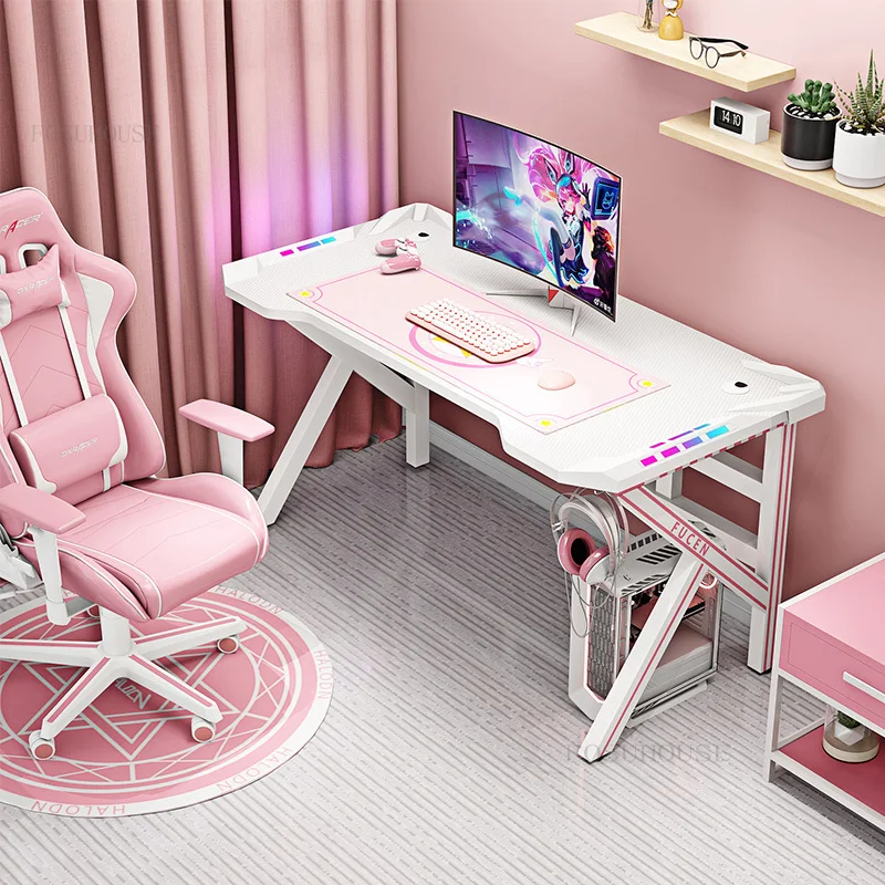 Escritorio rosa y blanco para ordenador, juego de mesa y silla para juegos  en casa, escritorio de estudio, muebles de oficina, mesa de transmisión en