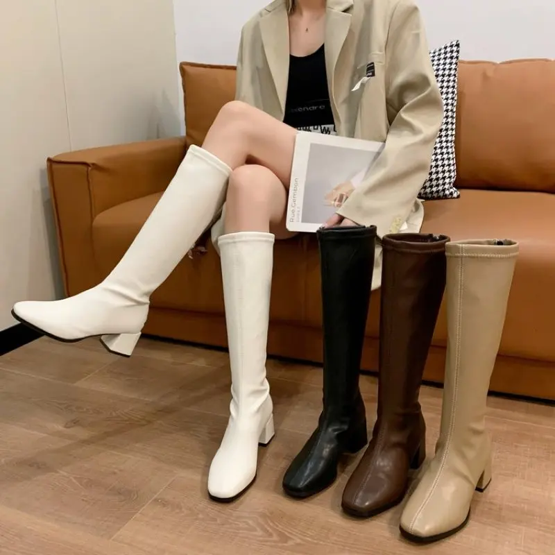 NEW Women Warm Long Boots Woman Knee High Booties Ladies Shoes Platform Thick Heel Leather Soft Zipper Winter Sexy Plus Size 42