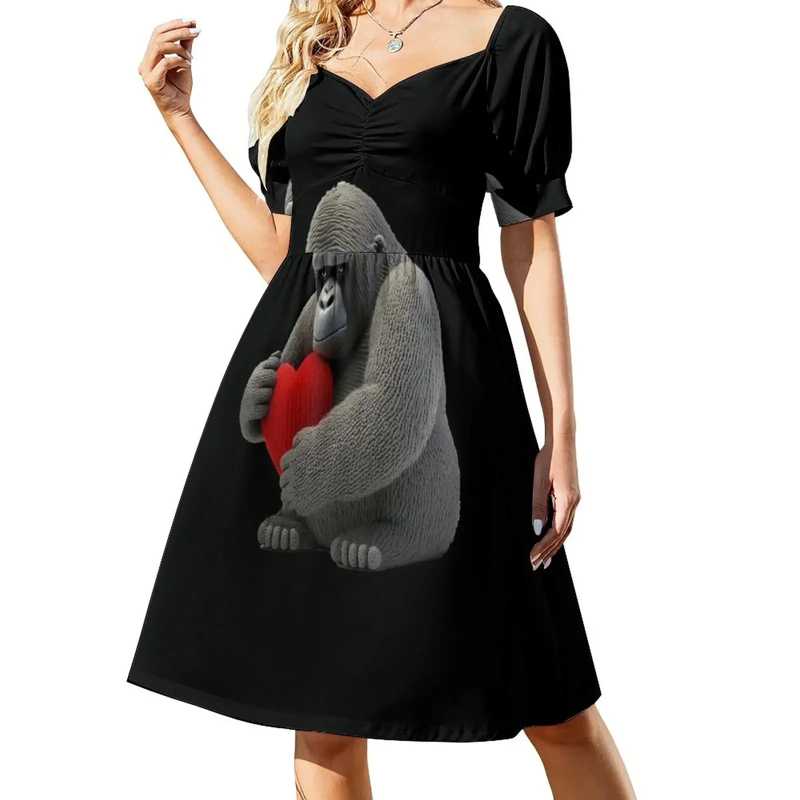 thumbnail image 1 of Vestido de manga corta tejido con diseño de gorila de montaña para el Día de San Valentín, vestidos largos para mujer, vestidos elegantes, 1 of 7
