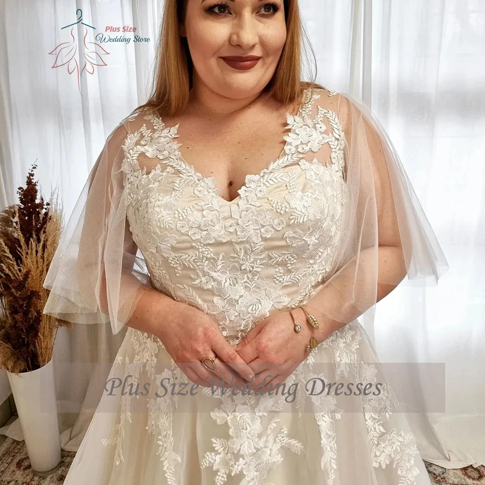 Elegant A-Line Wedding Dresses Plus Size V Neck Flare Sleeves Bride Gowns Appliques Floor Length Tulle Vestidos De Novia 2023 5