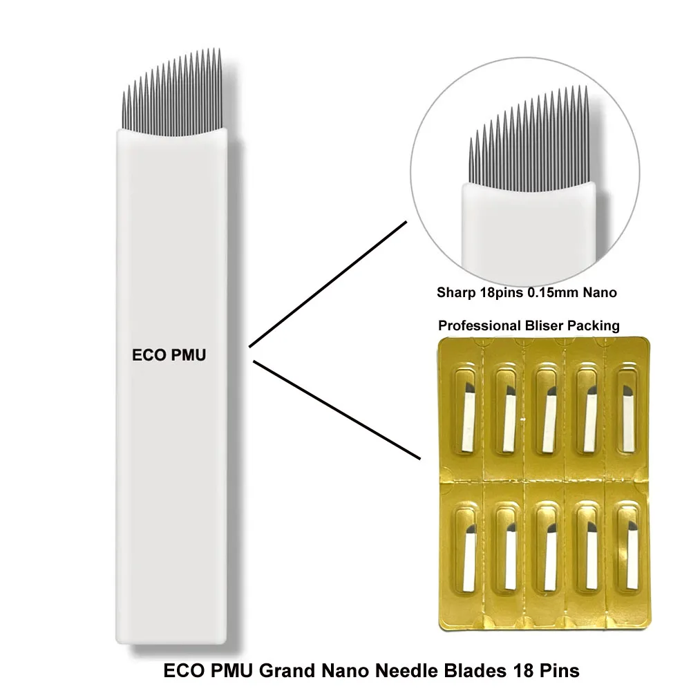 0 15mm ultra sharp 21u nano microblading needle blades 50pcs ECO PMU Grand Needle Blades #18 Nano 0.15mm with EO Sterile Blister Packing 50pcs