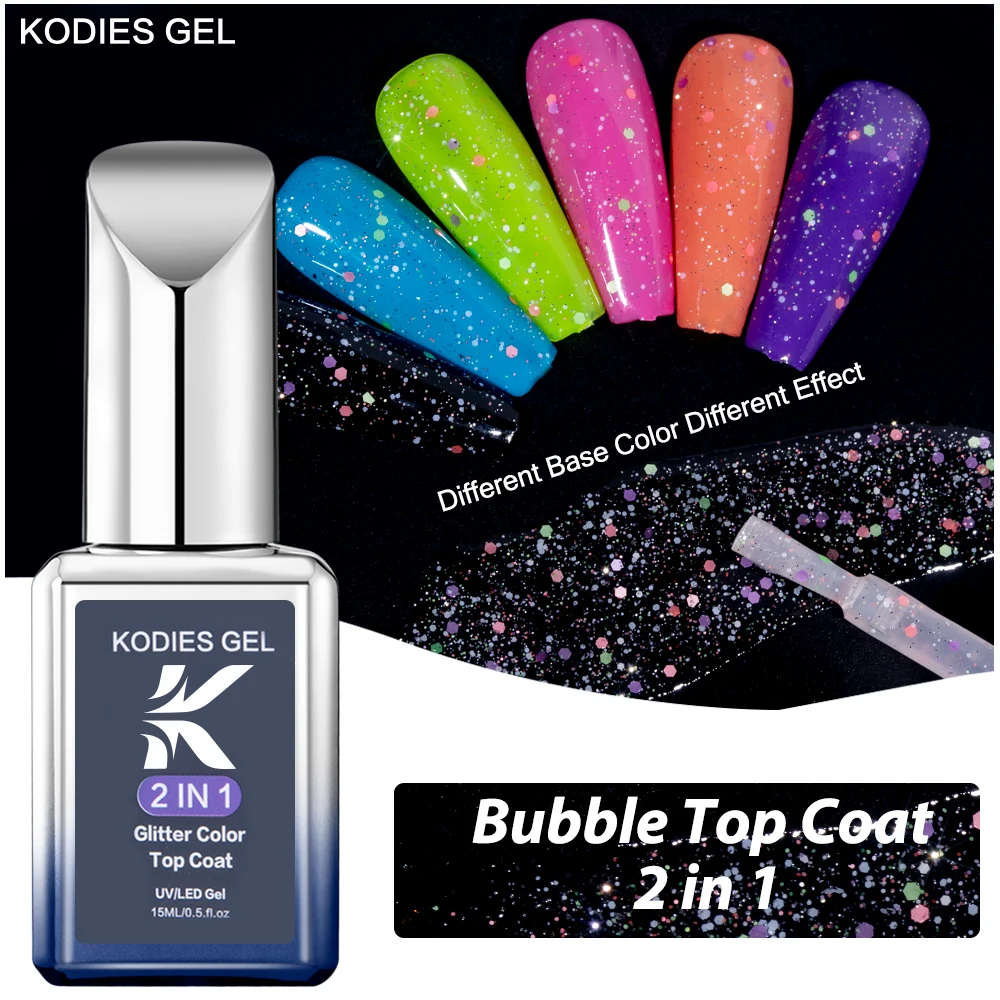 

KODIES GEL Bubble Top Coat UV Gel Nail Polish 15ML Ultra Brillant Colorful Glitter Diamond Top No Wipe For Manicure Nails Art