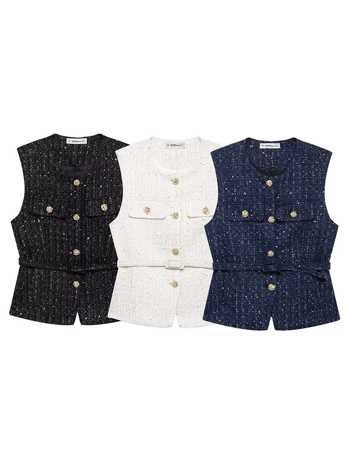 HH Women Fashion Golden Buttons O-Neck Sleeveless Waistcoat