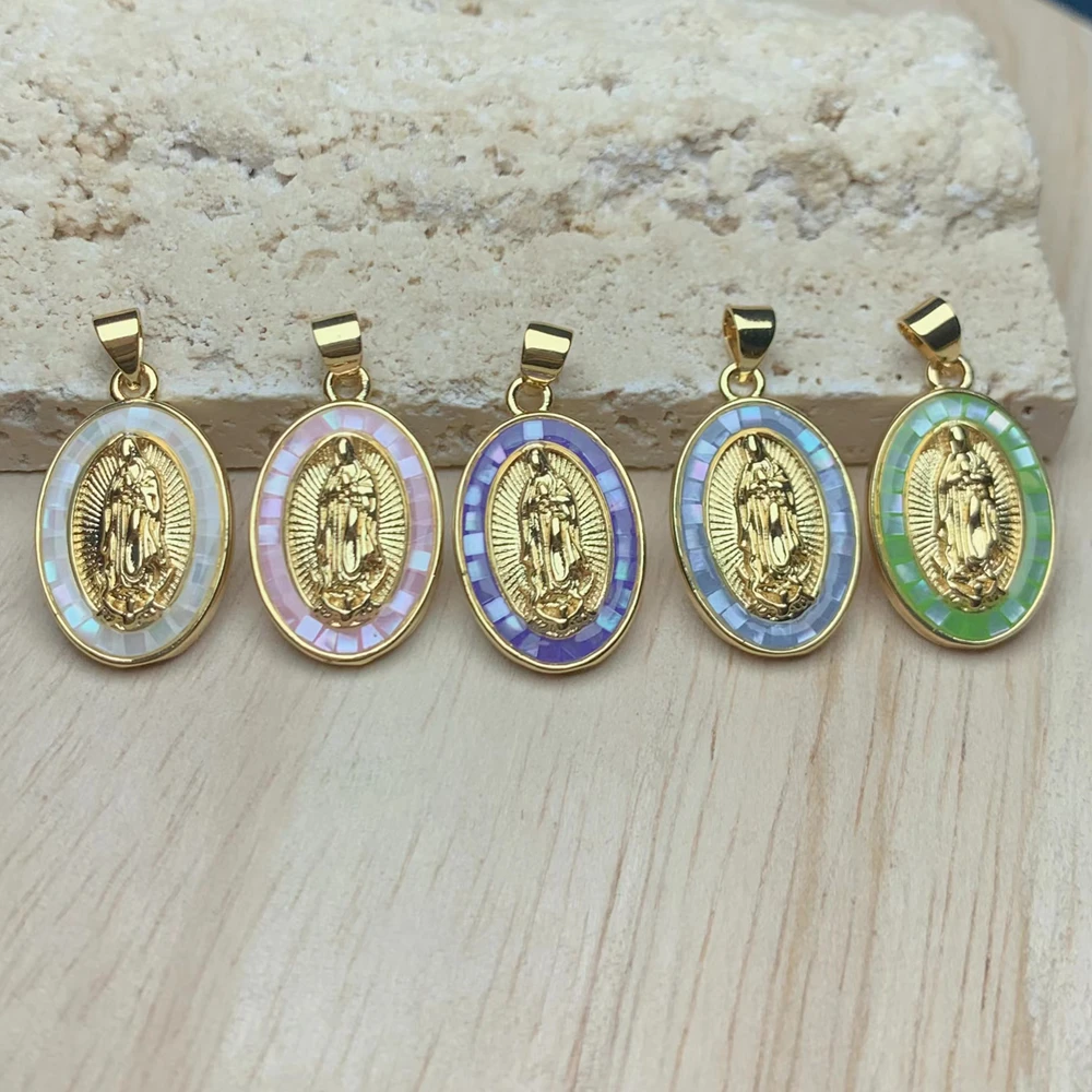 

Oval Zircon Colorful Sea Shell Our Lady of Guadalupe Pendants Charms For Jewelry Making Women Religious Necklace