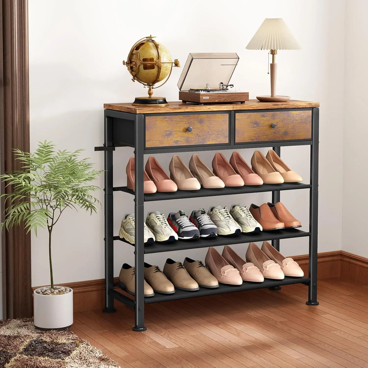Shoe Rack, 4 Tier Shoe Organizer for 9-12 Pairs of Shoes, with 2 Drawers, 3 Fabric Shelves and Wooden Top 5