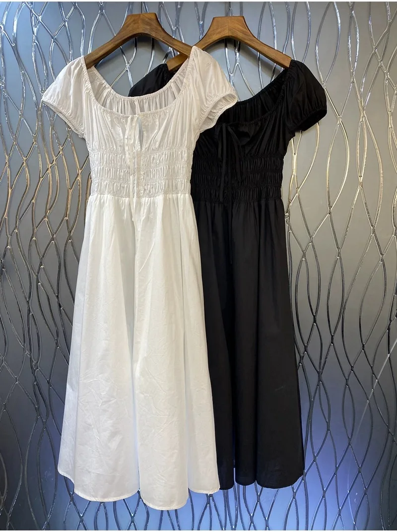 

100%Cotton Dress 2023 Summer Style Ladies Sexy Square Collar Elastic Waist Short Sleeve Mid-Calf Length Casual White Black Dress