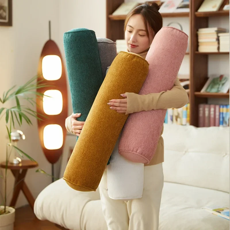Long Pillow for Beds Cylinder Support Waist Leg Cushion Simple Solid Color Chenille Lounger Backrest Pad Home Office Decor - Image 5