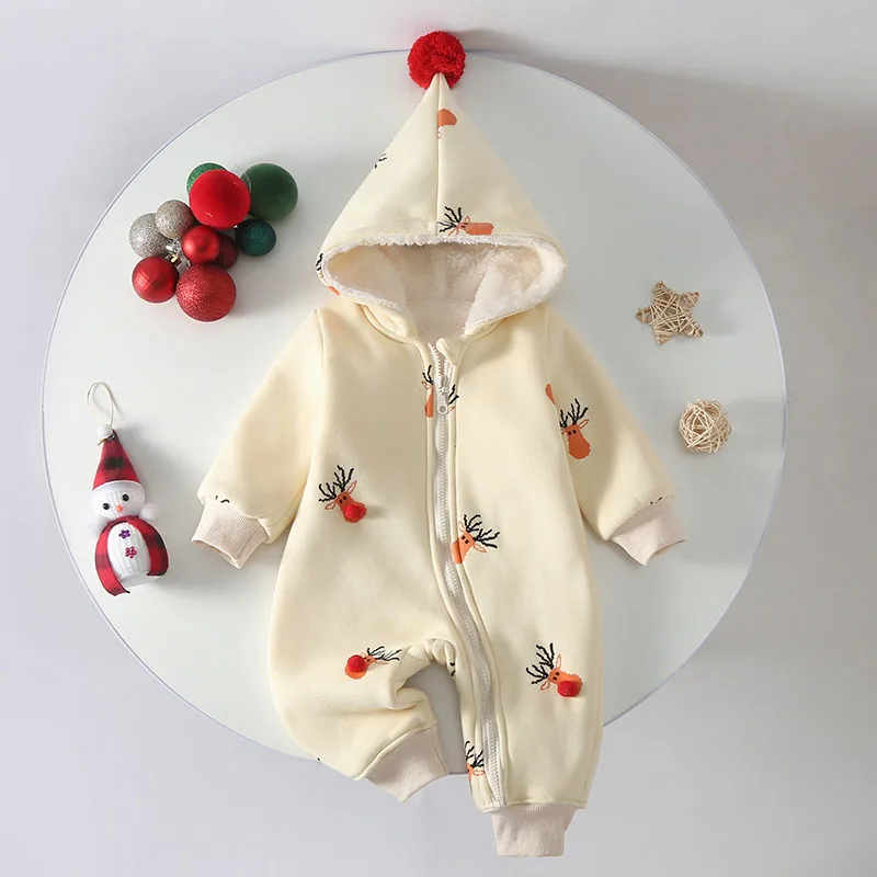 2023 New Year Clothing Winter Toddler Baby Boys Girl Romper Hooded Cartoon Printing Plush Thicken Jumpsuit Christmas Clothing