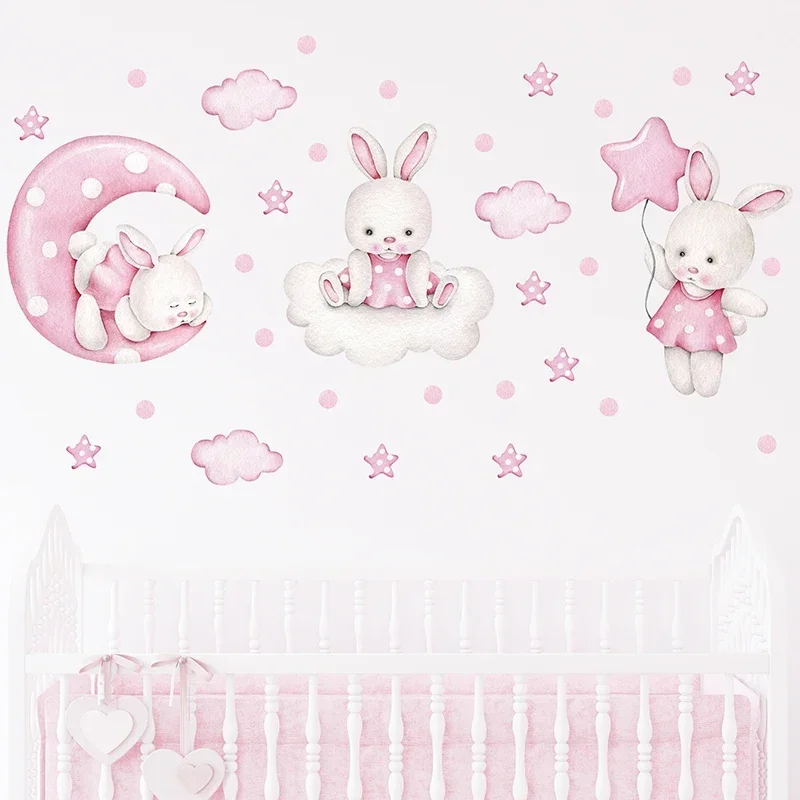 Watercolor 3 Bunnies Rabbit Moon Clouds Stars Wall Stickers for Kids Room Baby Nursery Room Wall Decals Home Decor PVC wall stickers