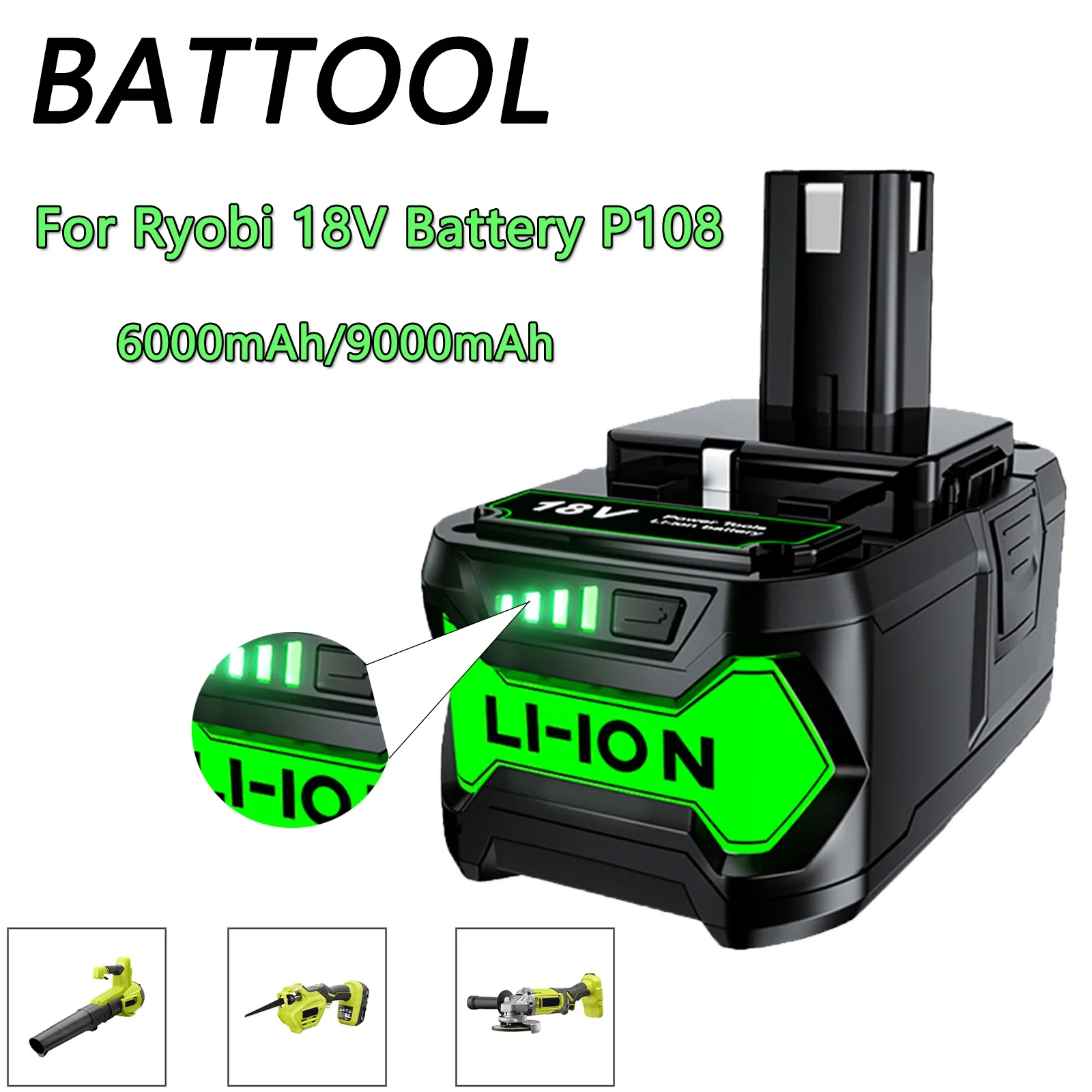 

BATTOOL 6.0Ah/9.0Ah 18V Lithium Replacement Battery For Ryobi P108 ONE+Plus P102 P103 P104 P107 P117 Cordless Tools Battery