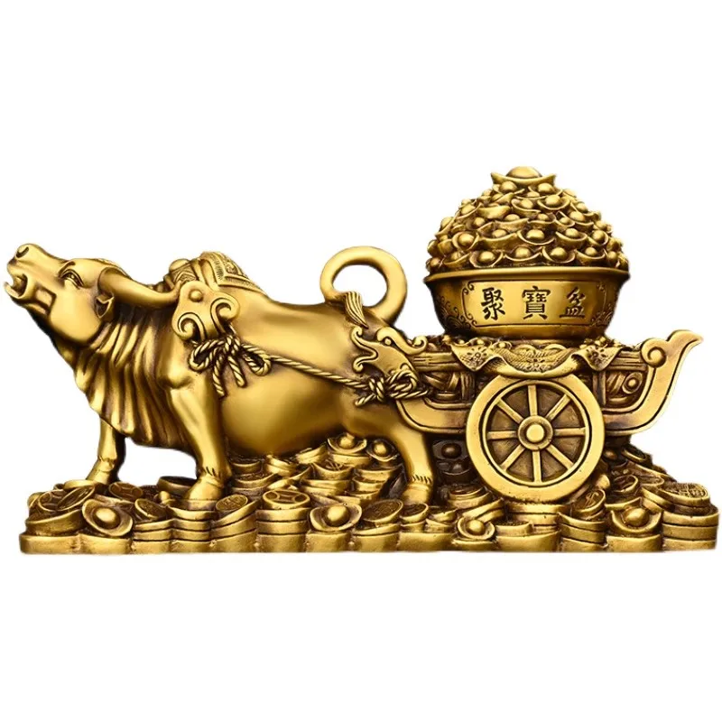 Pure Copper Ox Pulling Treasure Pot Statue Wealth Golden Ox with Cart Full of Gold Ingots, Chinese Zodiac Lucky Animal CraftGift