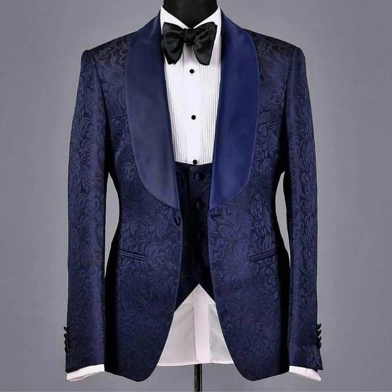 Men\'s Suit 3 Pieces Jacquard Blazer Vest Black Pants One Button Sheer Satin Lapel Business Wedding Groom Tailored Costume Homme
