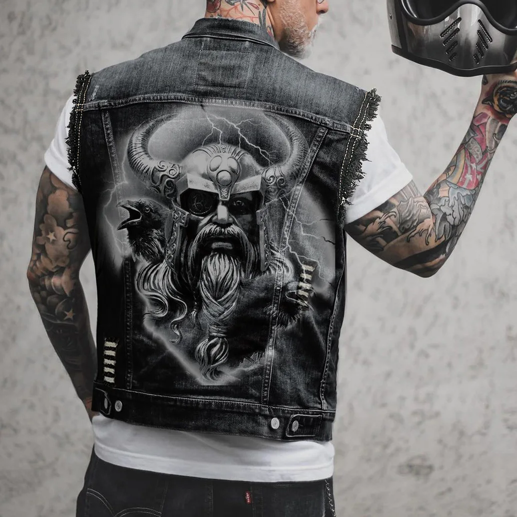 New Men's Denim Vest Printed Tribal Style Top, Men's Sportswear, Men's Denim Vest, Motorcycle Vest, Motorcycle Casual Jeans