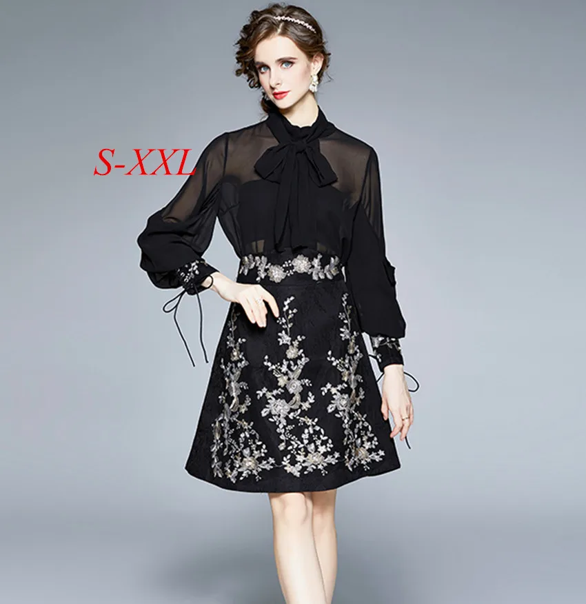 

2023 Runway Autumn 2 Piece Set Women Sexy See Though Chiffon Bowknot Shirt + Luxury Beaded Flower Embroidery A Line Skirt Suits