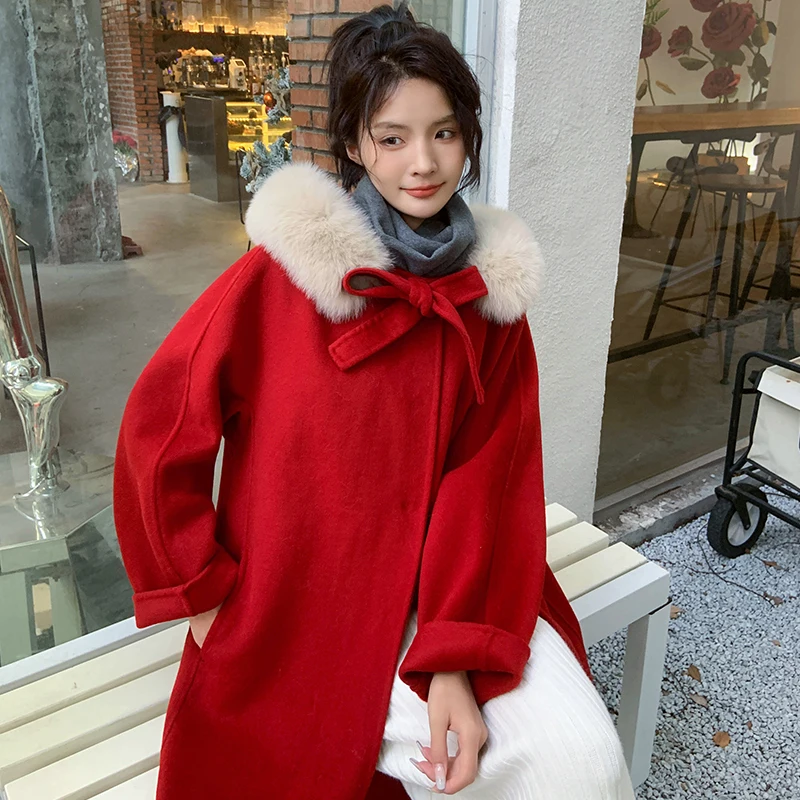 

Женское длинное кашемировое шерстяное пальто с капюшоном и воротником из лисьего меха