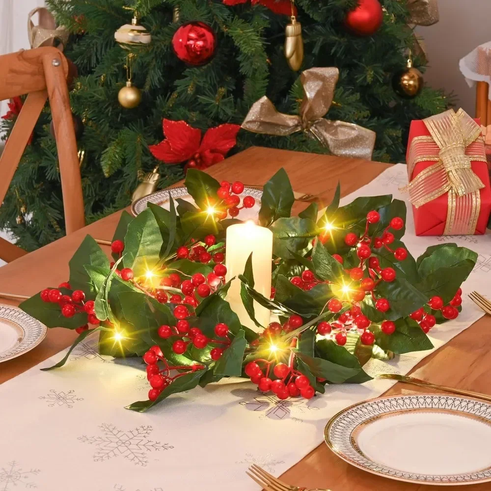 1,8 m kerstslinger met verlichting, kerstkrans voor geschenken, 2 m lange lichtslinger, 20 LED-verlichting, realistische rode bessen, groene bladeren