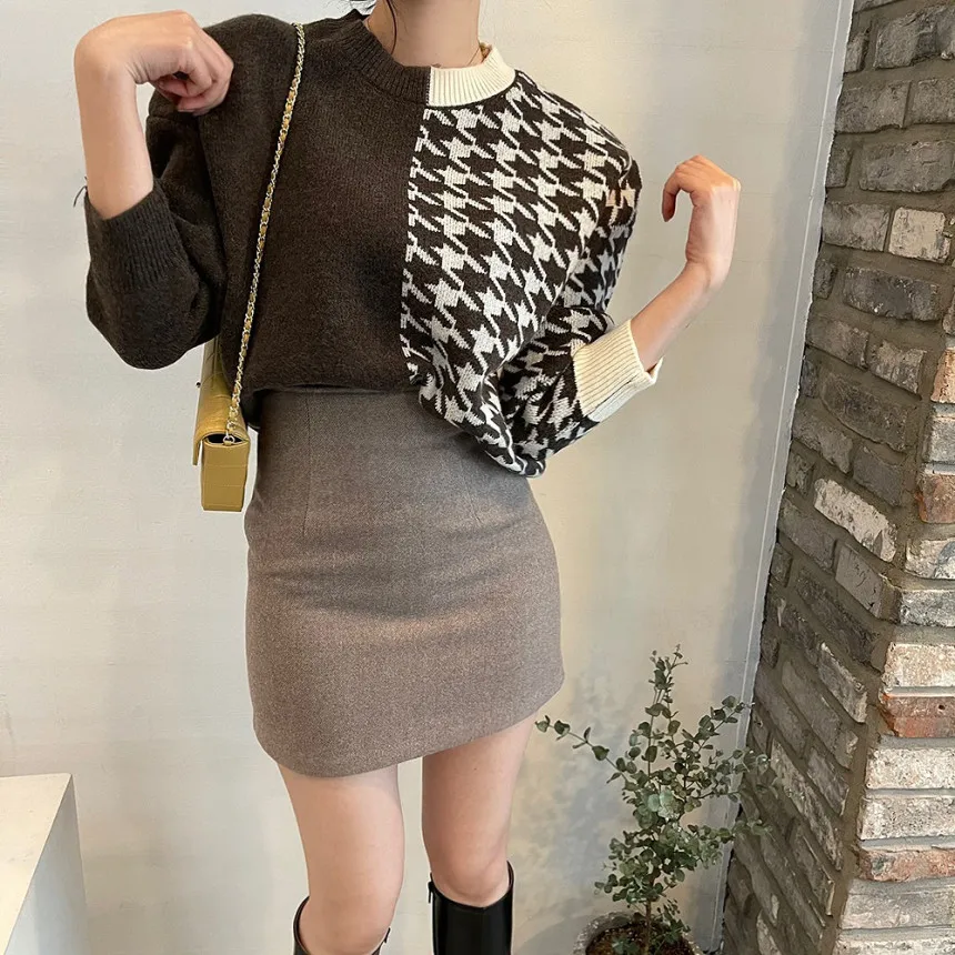 short sleeve cardigan Croysier Autumn Winter Crew Neck Long Sleeve Knitted Sweater Pullover 2021 Fashion Women Houndstooth Patchwork Sweaters Jumper sweater for women