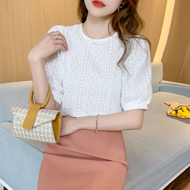 Korean Embroidery Floral Blouse Women Summer New Sweet Loose Lace Shirt Women's 2025 Short Sleeve O Neck Casual White Tops 15217