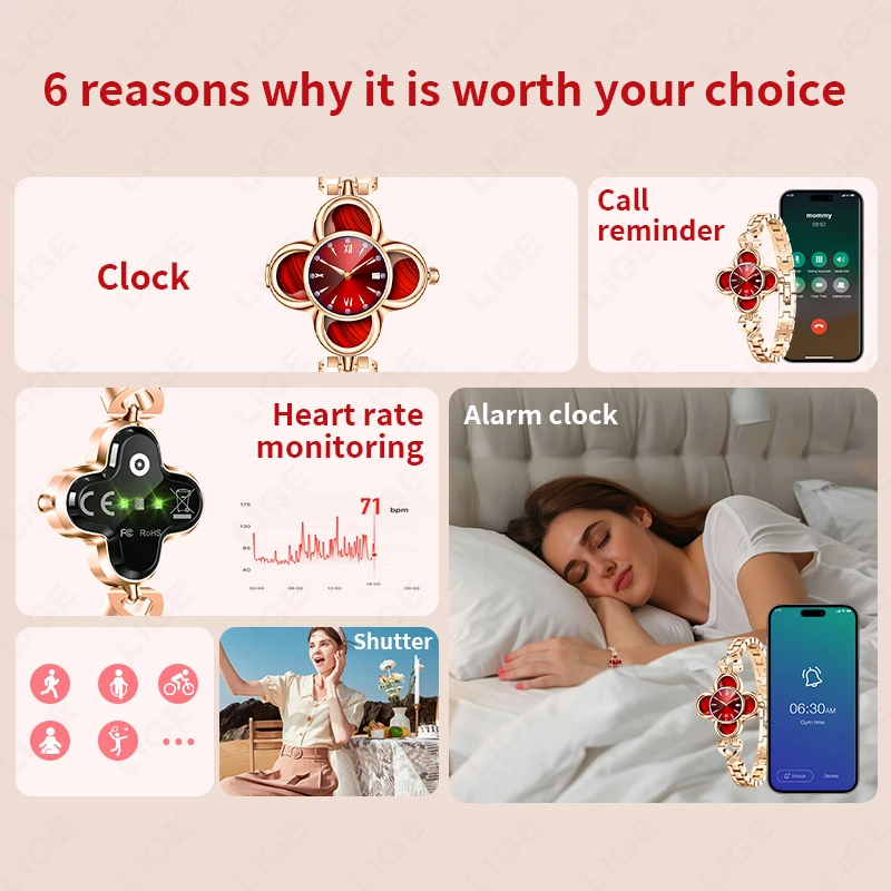 LIGE Luxury Ladies Quartz Watches Smart Bracelet Woman Heart Rate Blood Pressure Monitor AI Health Smart Watch Women Sport Band