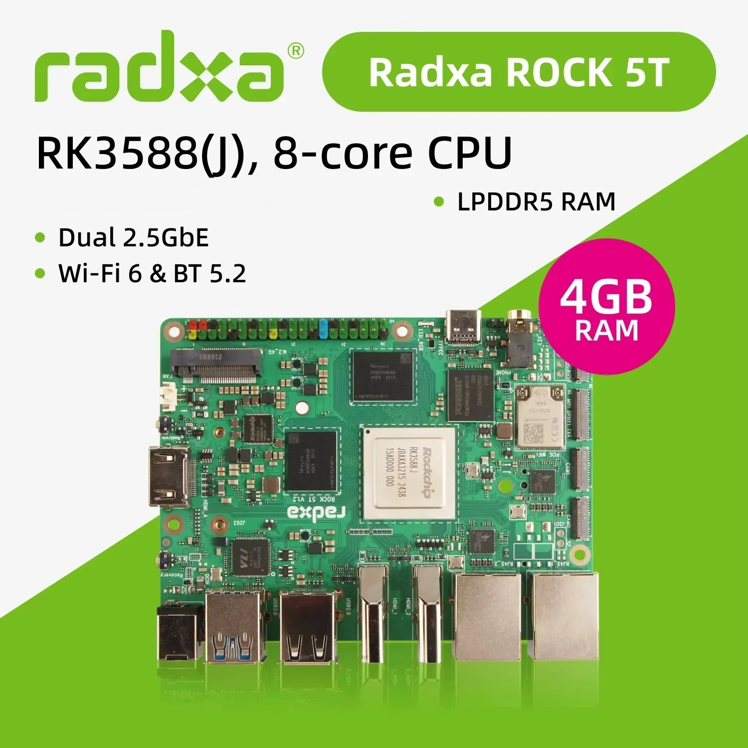 AvaCoreRadxa ROCK 5T RK3588 8코어 CPU 8K HDMI, LPDDR5 RAM, 산업용/소비자용 WiFi 6