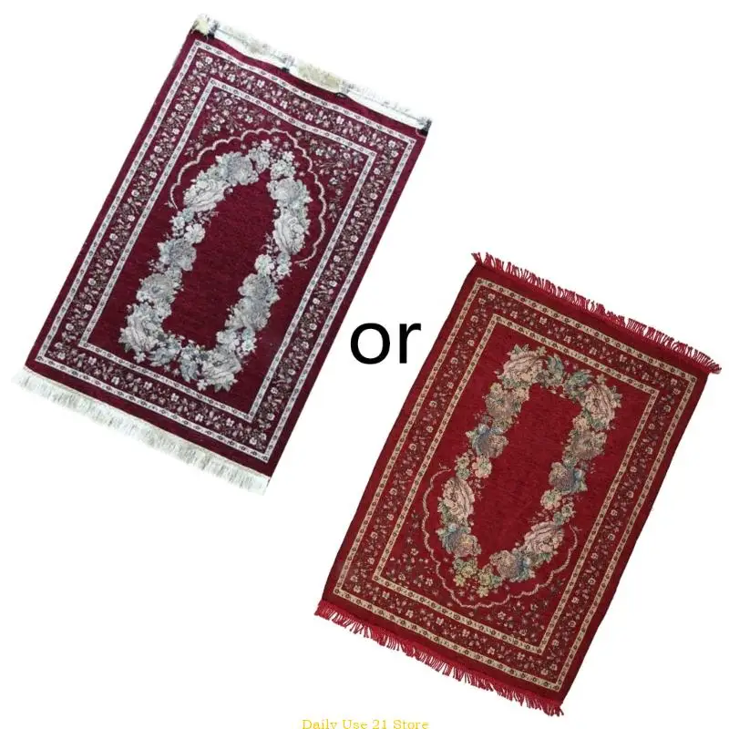 

Muslim Prayer Rug Soft Chenille Portable Folding Carpet Ethnic Floral Pattern Fringe Tassel Blanket Islamic Ramadan Mat