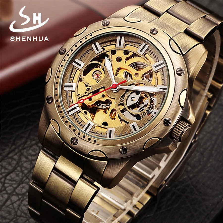 SHENHUA 9536 Orologio meccanico automatico da uomo in bronzo con scheletro, casual, da uomo, impermeabile, Relogios Masculino Reloj Hombre_voghion.com