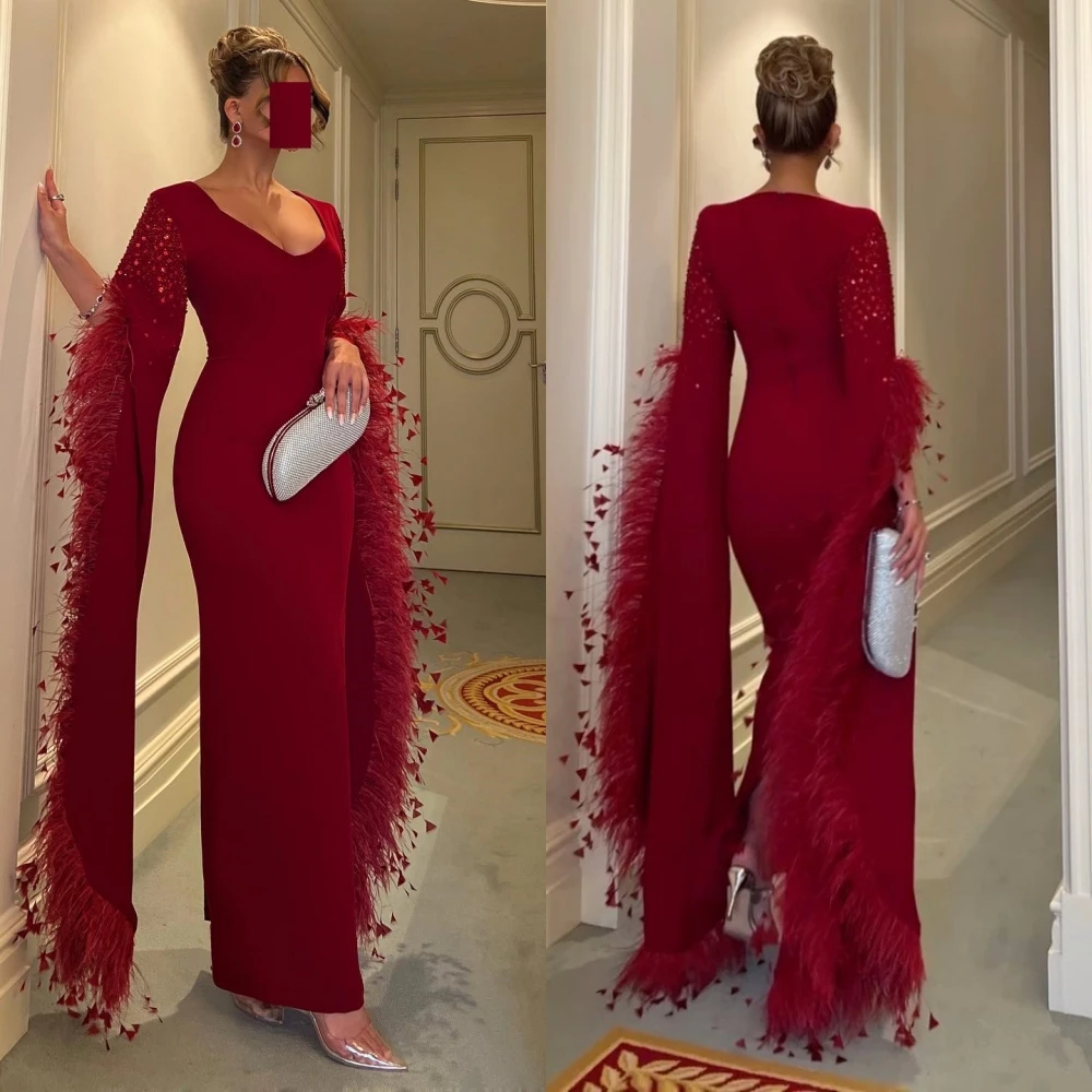 Prom Dress Saudi Arabia Prom Dress Satin Feather Beading Party A-line V-Neck Bespoke Occasion Dresses Ankle-Length it s yiiya prom dress v neck sleeveless prom dresses 2019 sequined dresses women party night a line vestidos de gala lf224