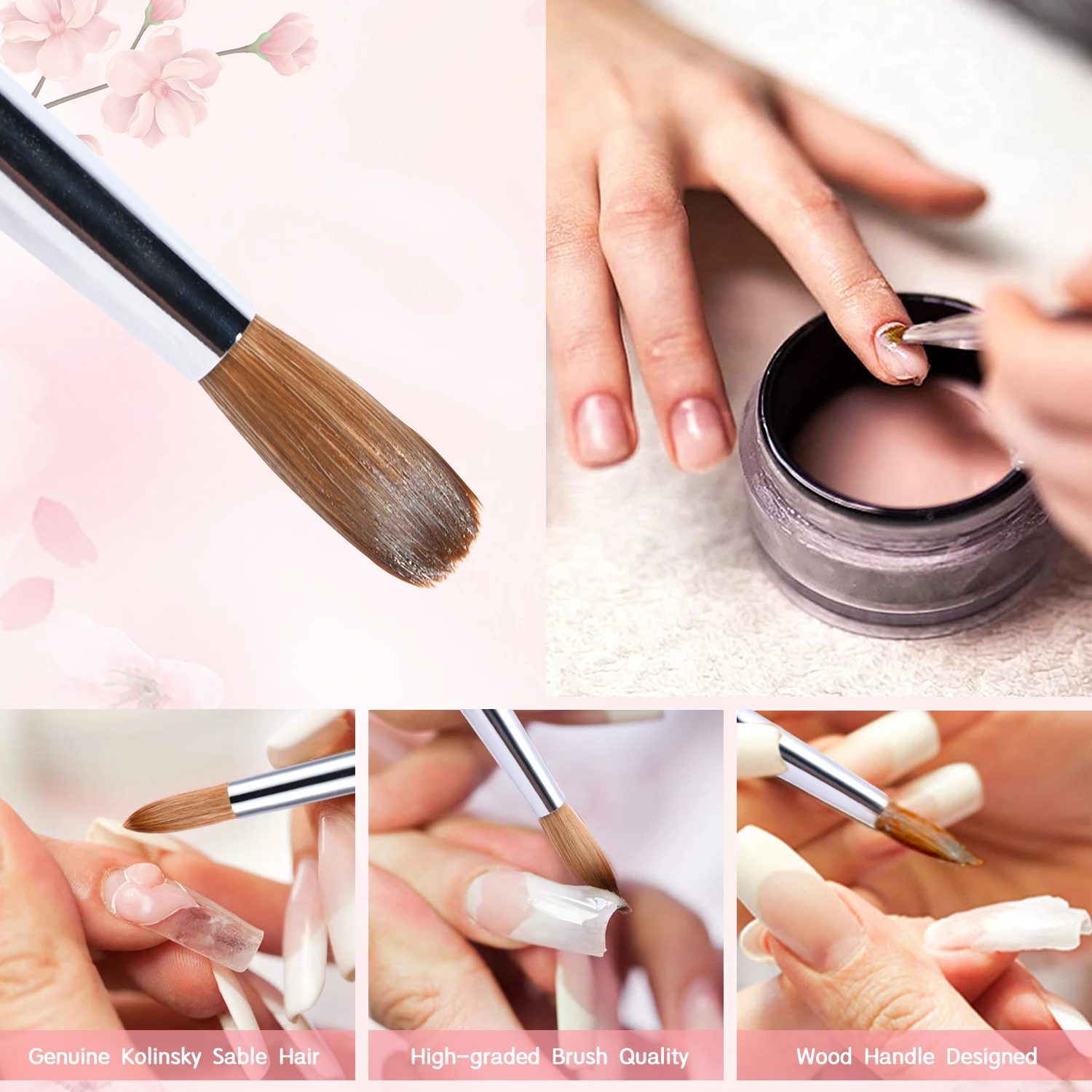 Kolinsky Acrylic Nail Brush for Acrylic Application, Nail Brush Acrylic Round Oval Shaped Wood Handle Acrylic Powder 4