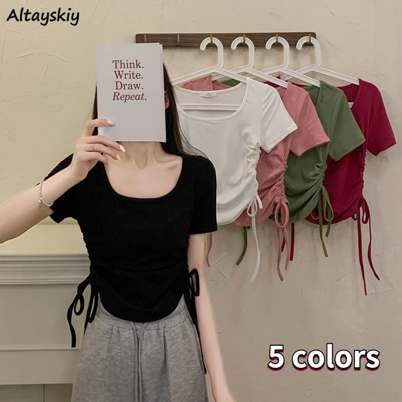 

Short Sleeve T-shirts Crop Tops Shirring Sweet Sexy Design Streetwear Chic Hot Girls Tender Basic Summer New All-match Cozy Ins