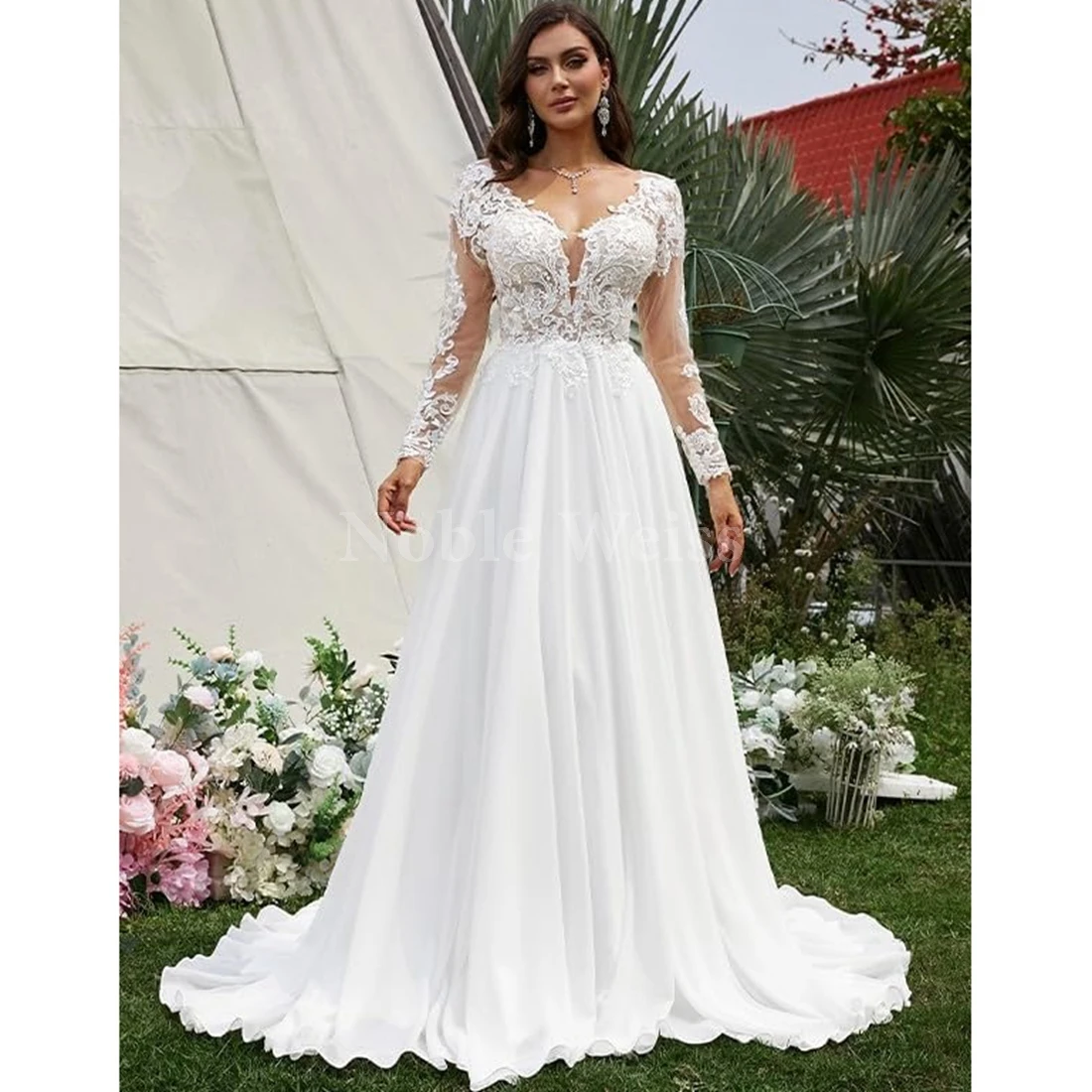 Elegant Lace Chiffon Wedding Dresses A-LINE Bridal Gowns with Exquisite Appliques for Bride 4