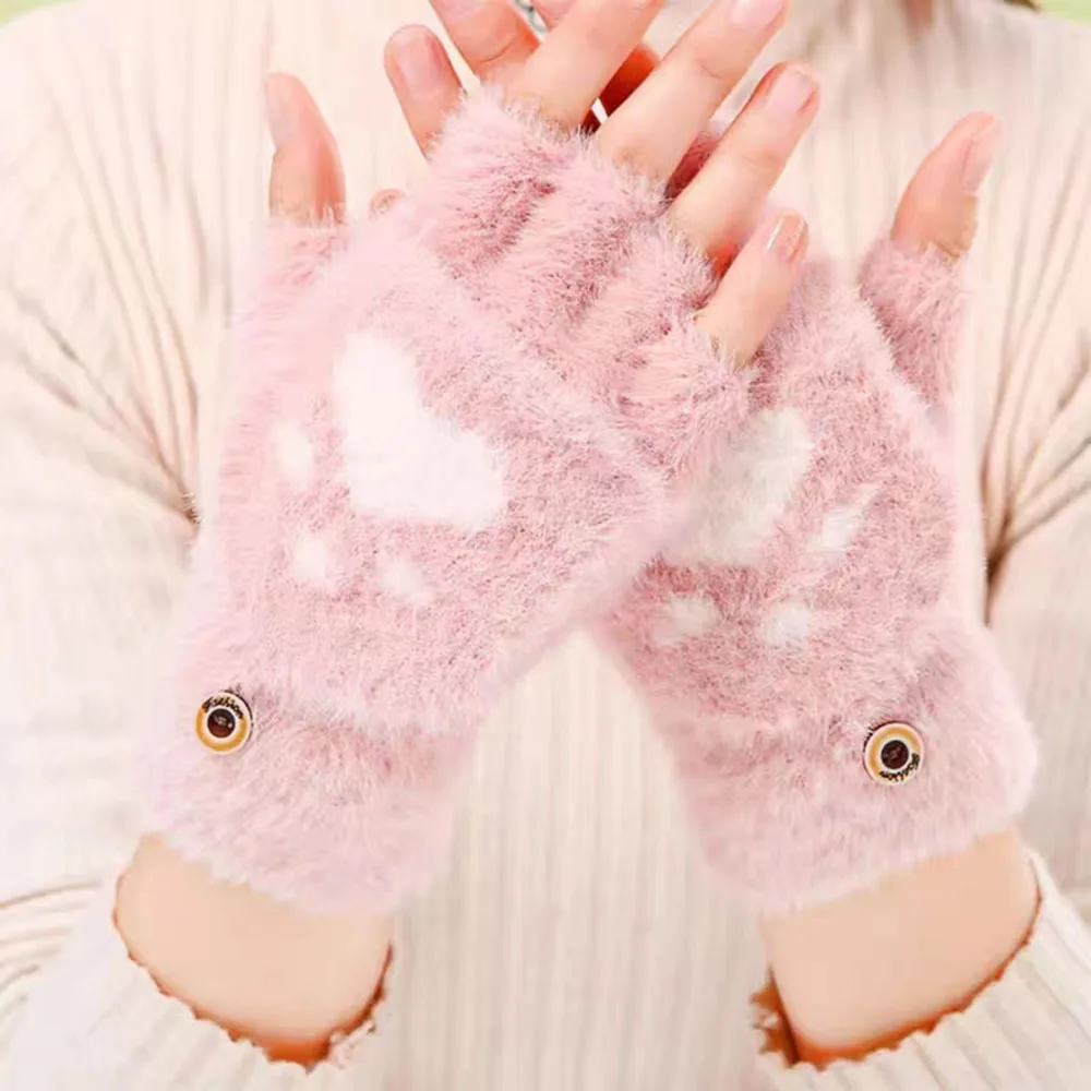 

Lovely Winter Warm Fingerless Gloves Girls Fluffy Bear Cat Plush Paw Claw Gloves Half Finger Glove Mittens Christmas Gifts