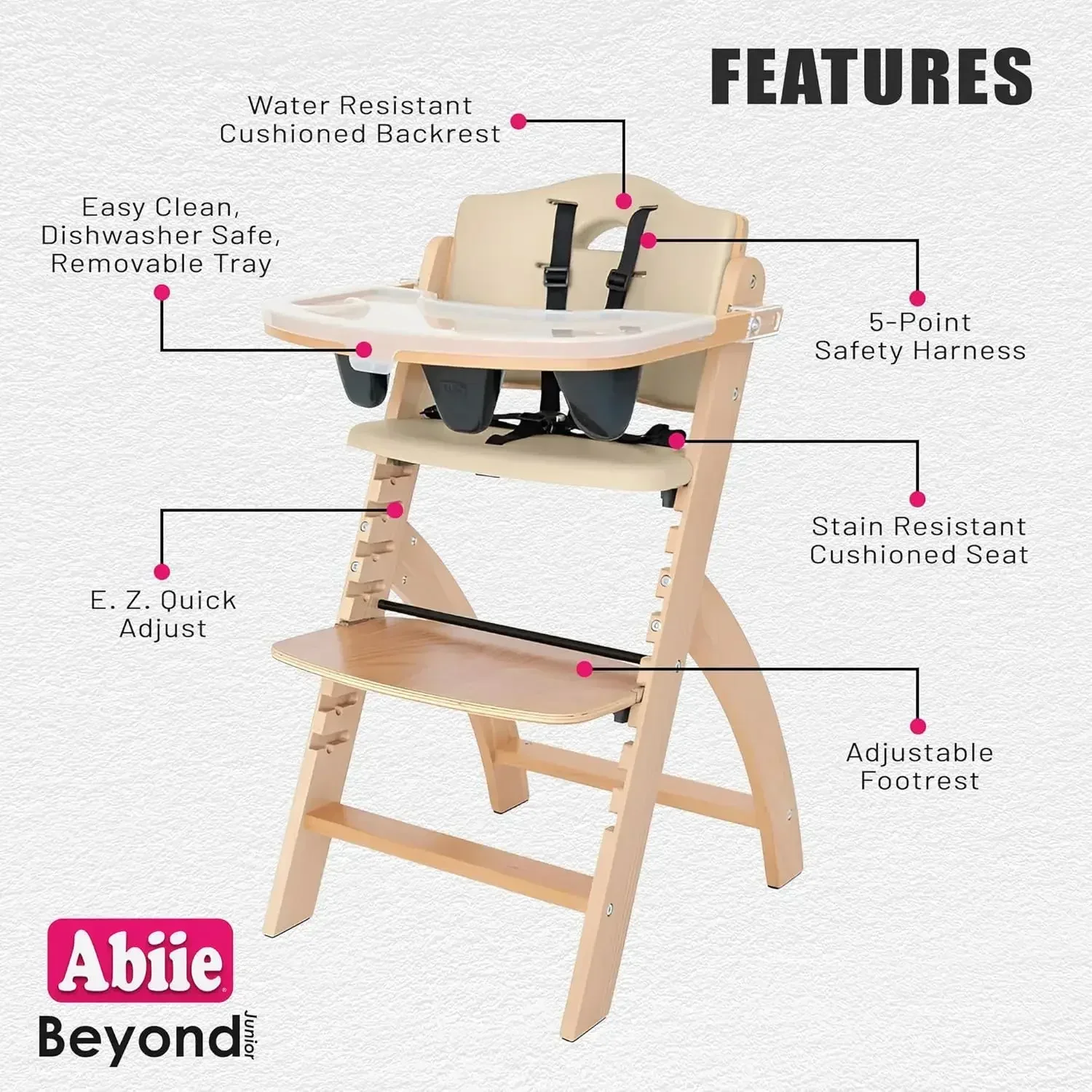 NEW-Beyond Junior Wooden High Chair with Tray - Adjustable and Convertible High Chair for Babies and Toddlers - 6 Months to 250