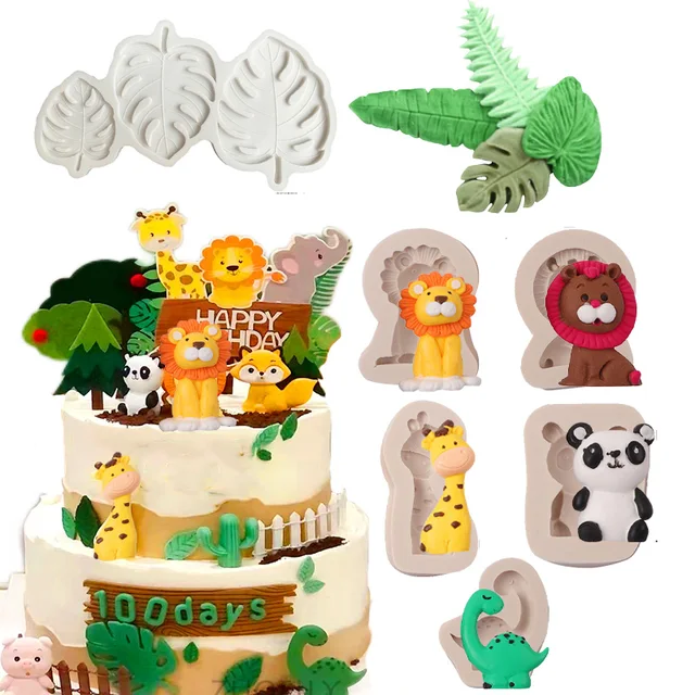Dzsungel Szafari Állati Szilikon Fondant Penész Medve Oroszlán Zsiráf Nyúl Panda Torta Díszítő A Birhtday Buli Bébi Zuhanyhoz