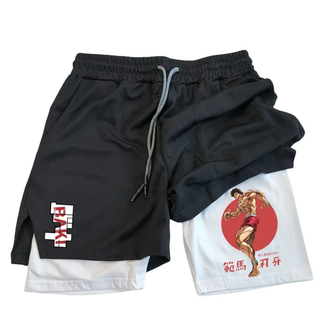 Anime Hanma Baki Gym Shorts Black for Men 2 In1 Mesh Quick Dry Board Shorts Mens Bodybuilding Fitness Running Short Pants Summer - Image 2