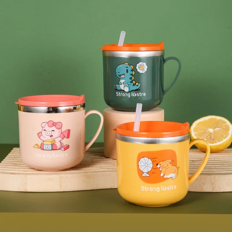 

316 stainless steel children milk cup with scale double baby learning drinking cup straw cup soaking milk drinking straight cup