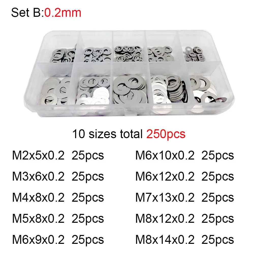 304 Stainless Steel Ultra Thin Washer Set 250x 0.1/0.2/0.3mm M2 M3 M4 M5 M6 M7 M8