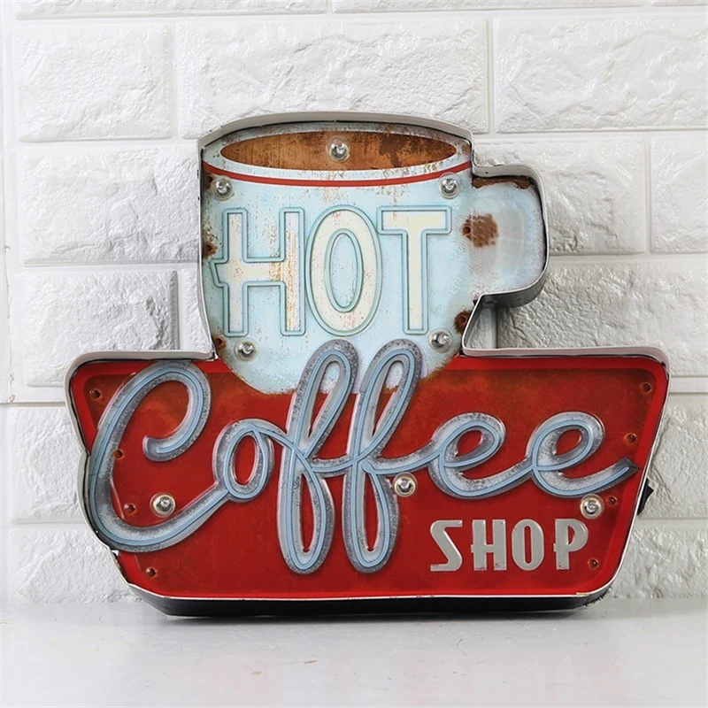 

Hot Coffee Shop Vintage LED Neon Light Metal Signs Bar Pub Decorative Painting Cafe Wall Painting Home Decor Advertising Sign