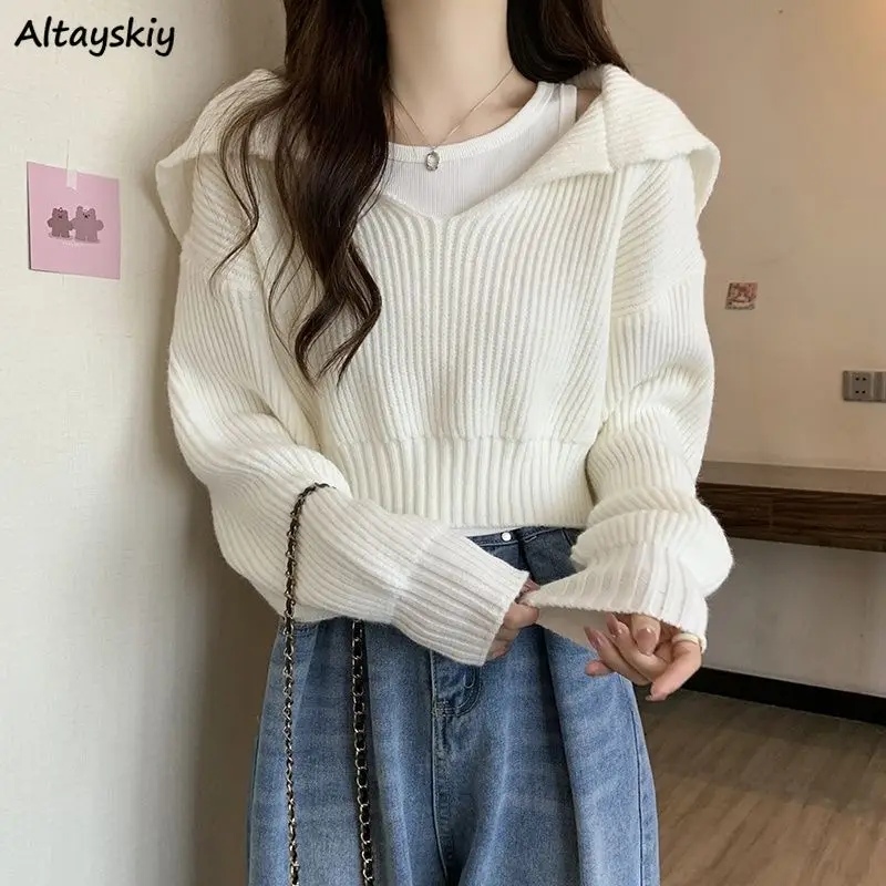 

Cropped Pullovers Women Tender Autumn Loose All-match Soft Sailor Collar Korean Style Simple Gentle Comfort Aesthetic Mujer Chic