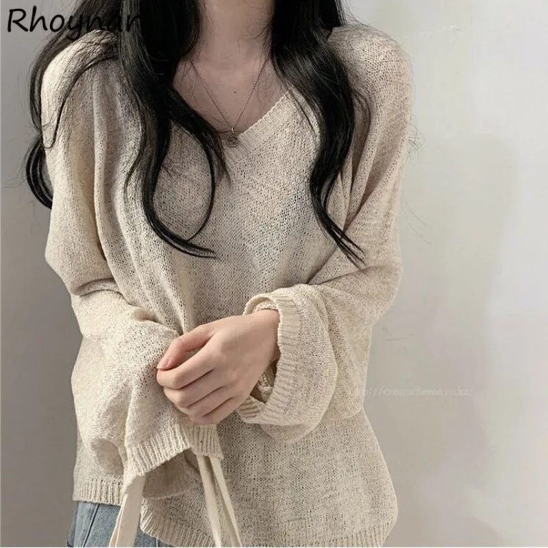 

V-neck Thin Baggy Pullovers Women Soft Breathable Leisure Sunscreen Summer Streetwear Ulzzang Sweet Young Simple Harajuku Knit