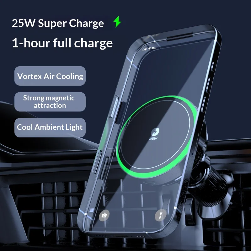 Qi2.2 25W Air-Cooling Car Magnetic Wireless Charger LED Light Phone Stand For Magsafe iPhone 17~12 Pro Max Fast Charging Station