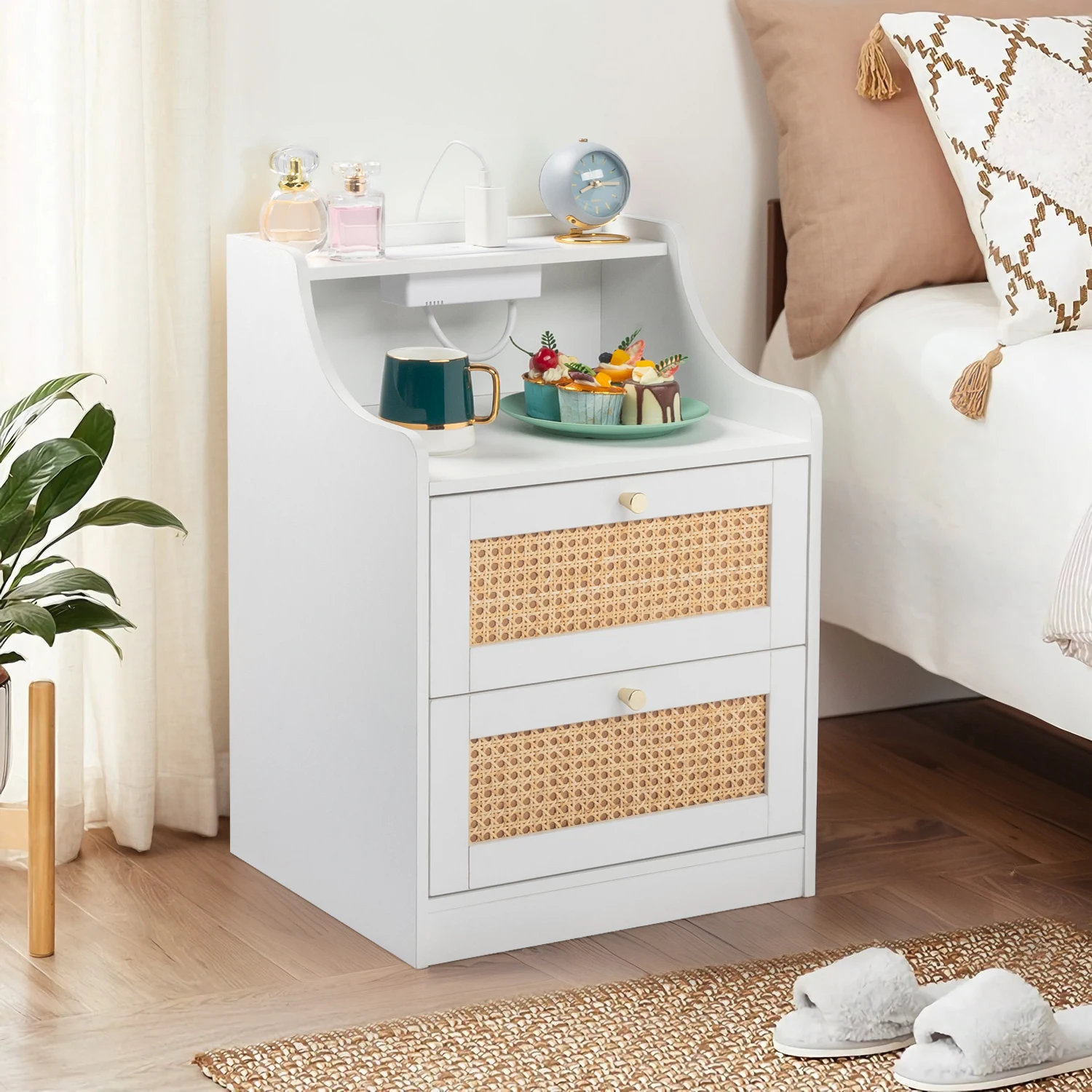 White Particleboard With Triamine Matt Gold Tapered Handle 45*35*63cm Rattan Two Drawers With Compartments Bedside Table