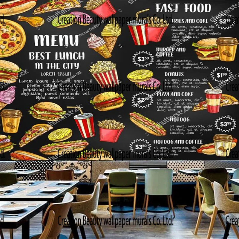 

American Fast Food Restaurant Menu Custom Mural Wallpaper Burger Pizza Ice Cream Coffee Snack Bar Industrial Decor Wall Paper 3D