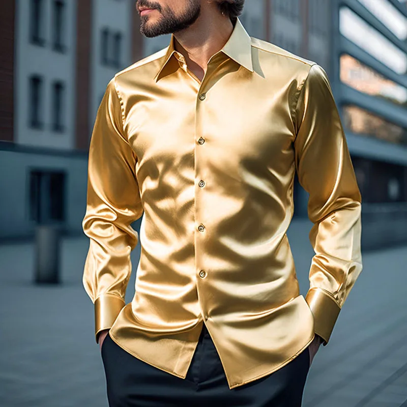 

Fashion Satin Slim Collar Club t Shirts Men's Clothing Spring 2023 Long Sleeve Button Social Shirt 2yk Solid Shirts Male Tops