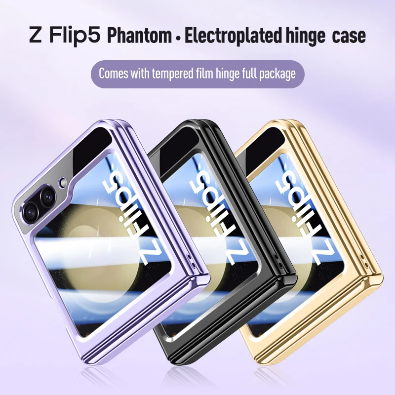 For Samsung Galaxy Z Flip 5 Case Electroplated Transparent Folding Hinge With Mirror Film All Inclusive Shockproof Hard Cover