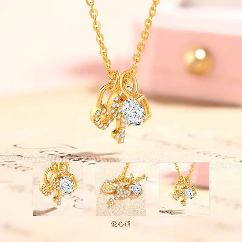 24K Gold AU999 Heart Lock & Key Pendant Necklace with Zircon, Women's Collarbone Chain, Luxury Couple Gift Set