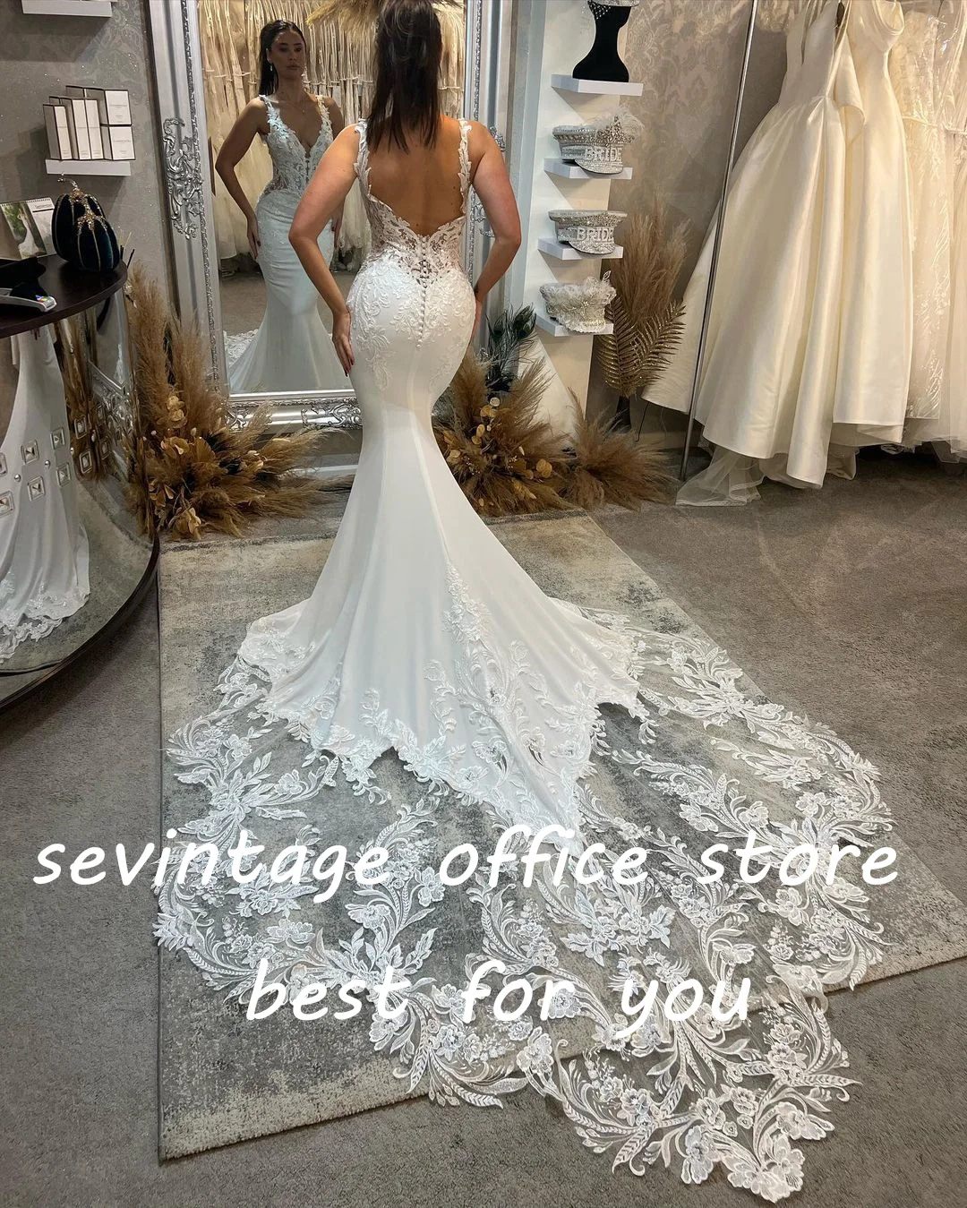 Sevenzotado-Backless Lace apliques sereia vestidos de casamento, V-Neck, Spaghetti Strap, mangas vestido de casamento País
