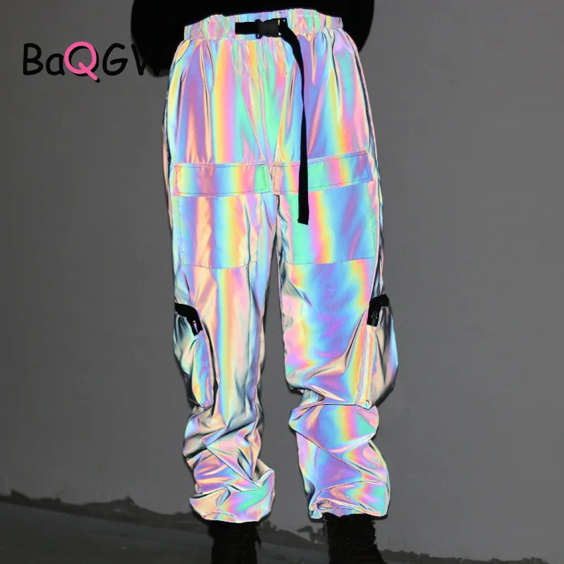 

BaQGW Women's Clothing Sweatpants Fashion Reflection Dazzle Color Long Pants Zipper Pocket Buckle Strap Hip Hop Sport Joggers