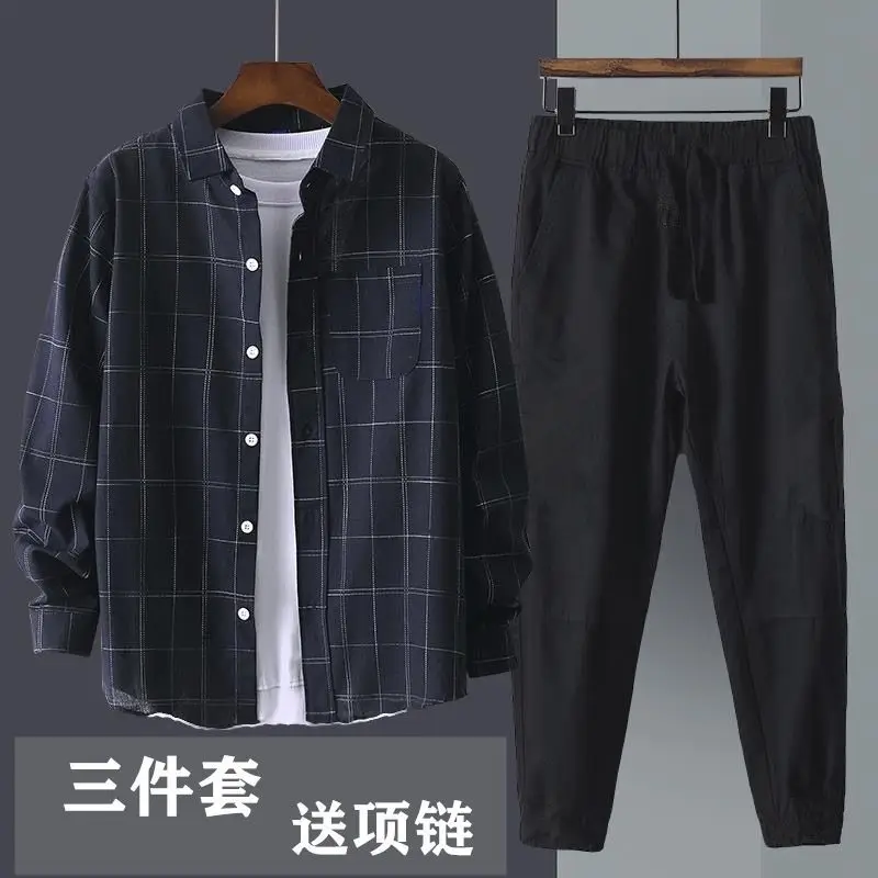 

New Summer and Autumn Men Two Piece Sets Male Plaid Long Sleeve Shirt with Trousers Thin Oversized Beach Suit Man 2023 X90