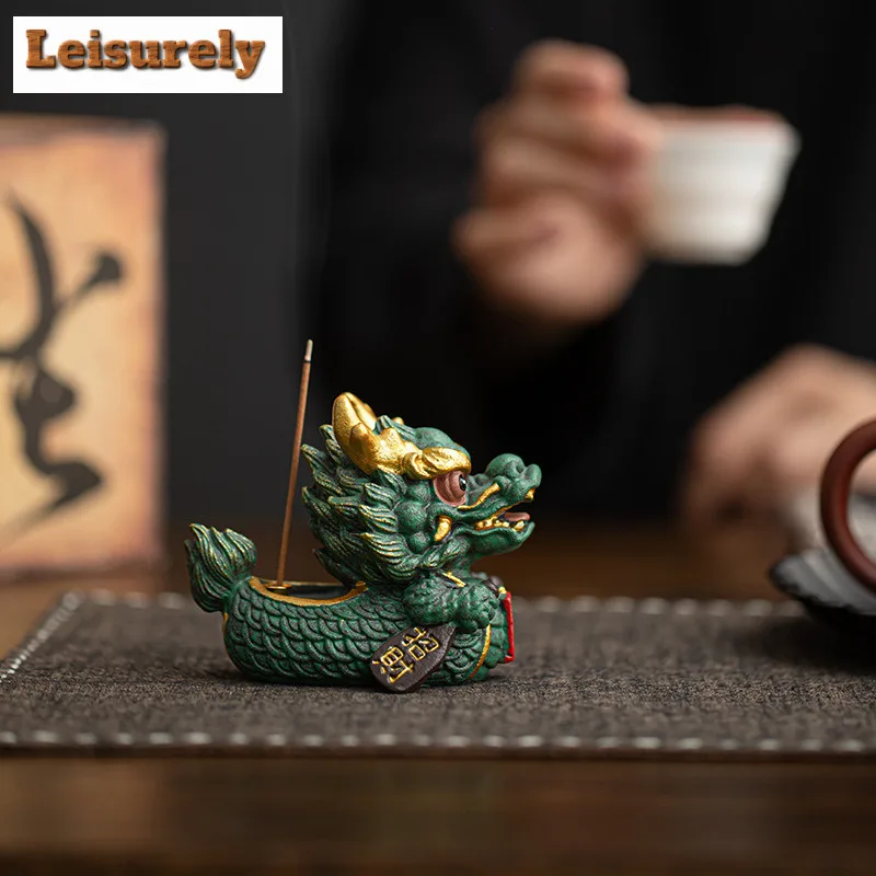 Lucky Dragon Boat Green Sandstone Incense Holder Tea Pet Aesthetic Lucky Model Tea Figurine Play Toys Tea Statue Ornaments Gifts