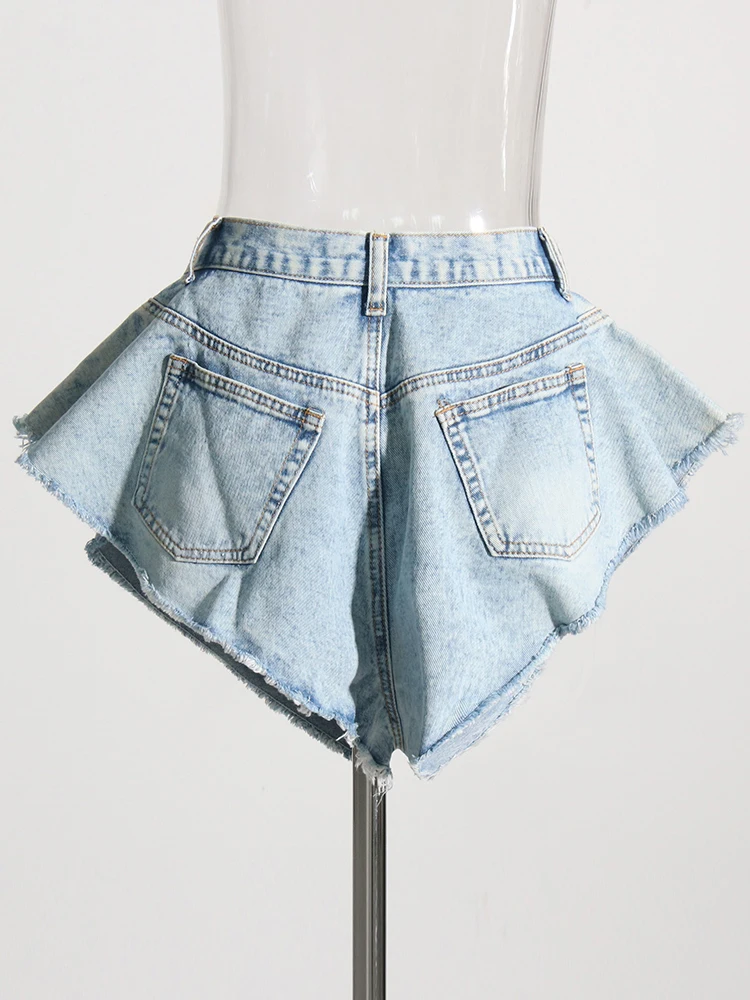 KBQ Irregular Denim Short Pants For Women High Waist Spliced Pockets Casual Colorblock Wide Leg Pants Female Fashion Summer New